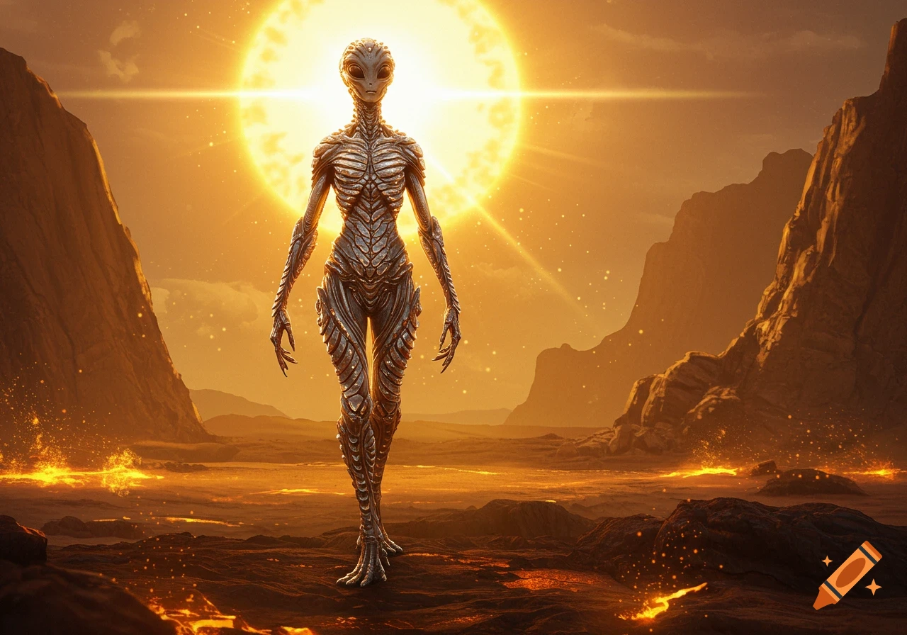 An alien with textured, metallic scales stands on a glowing, volcanic alien landscape under a large, bright sun.