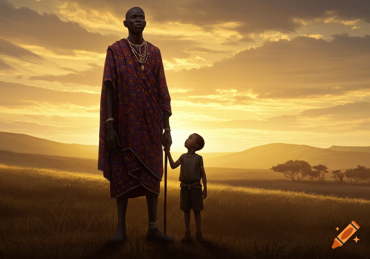An African man in traditional attire stands with a child in a sunlit grassy field at sunset.
