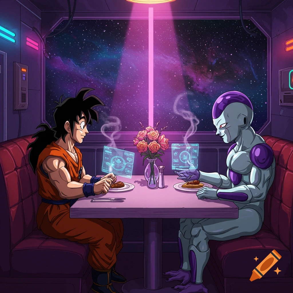 Yamcha and Frieza on a romantic date in a futuristic restaurant with a view of space and purple neon lights.