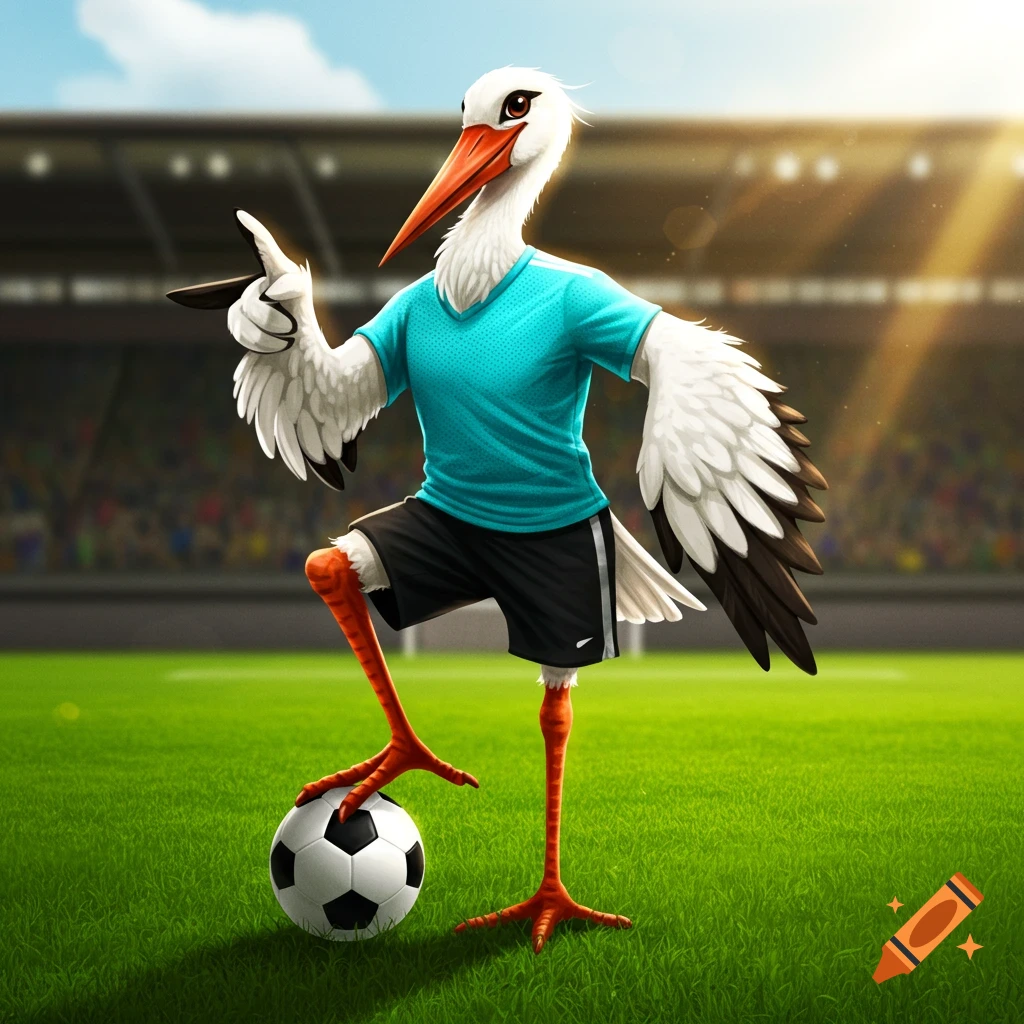 A friendly, athletic stork in a turquoise jersey and black shorts stands on a soccer field, one foot on a ball, pointing at the viewer.