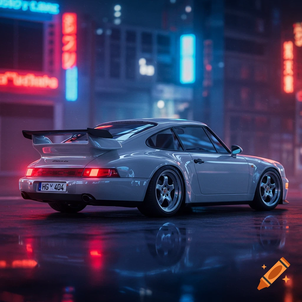 A light grey Porsche 964 Turbo parked at night in a city street, reflecting neon signs on wet asphalt, in a photorealistic style.