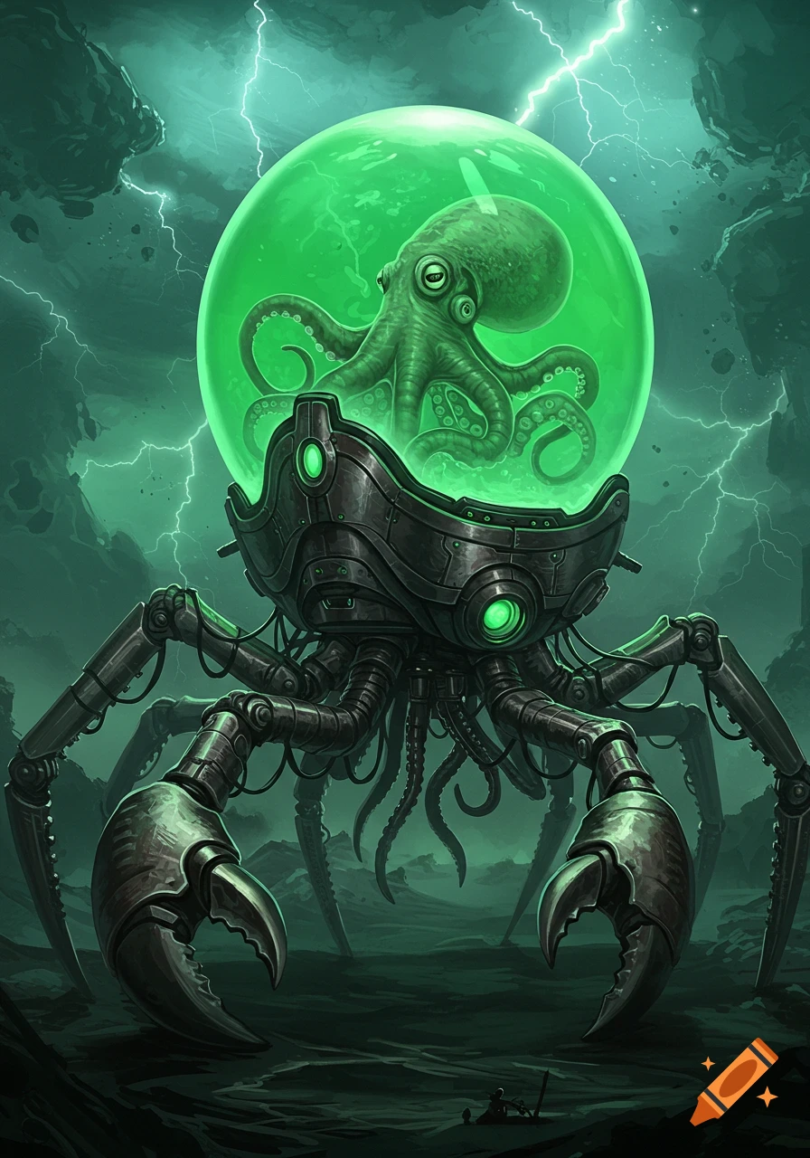 Illustration of a huge metallic crab-like machine with an octopus in a green dome, metallic claws, and tentacles, under a stormy sky with lightning.