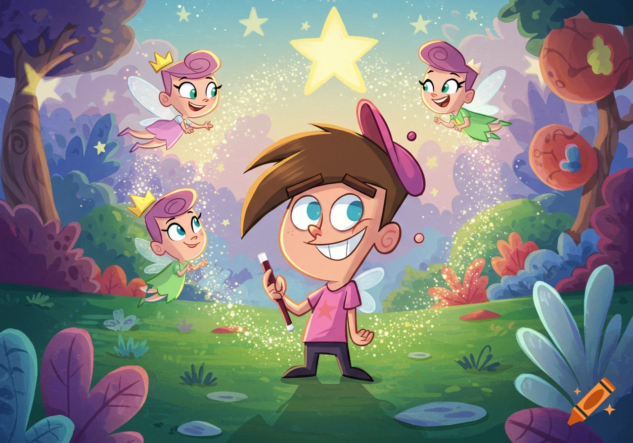 Timmy Turner, with a pink hat and shirt, holds a wand and smiles in a magical forest, surrounded by four flying fairies, under a star-filled sky.