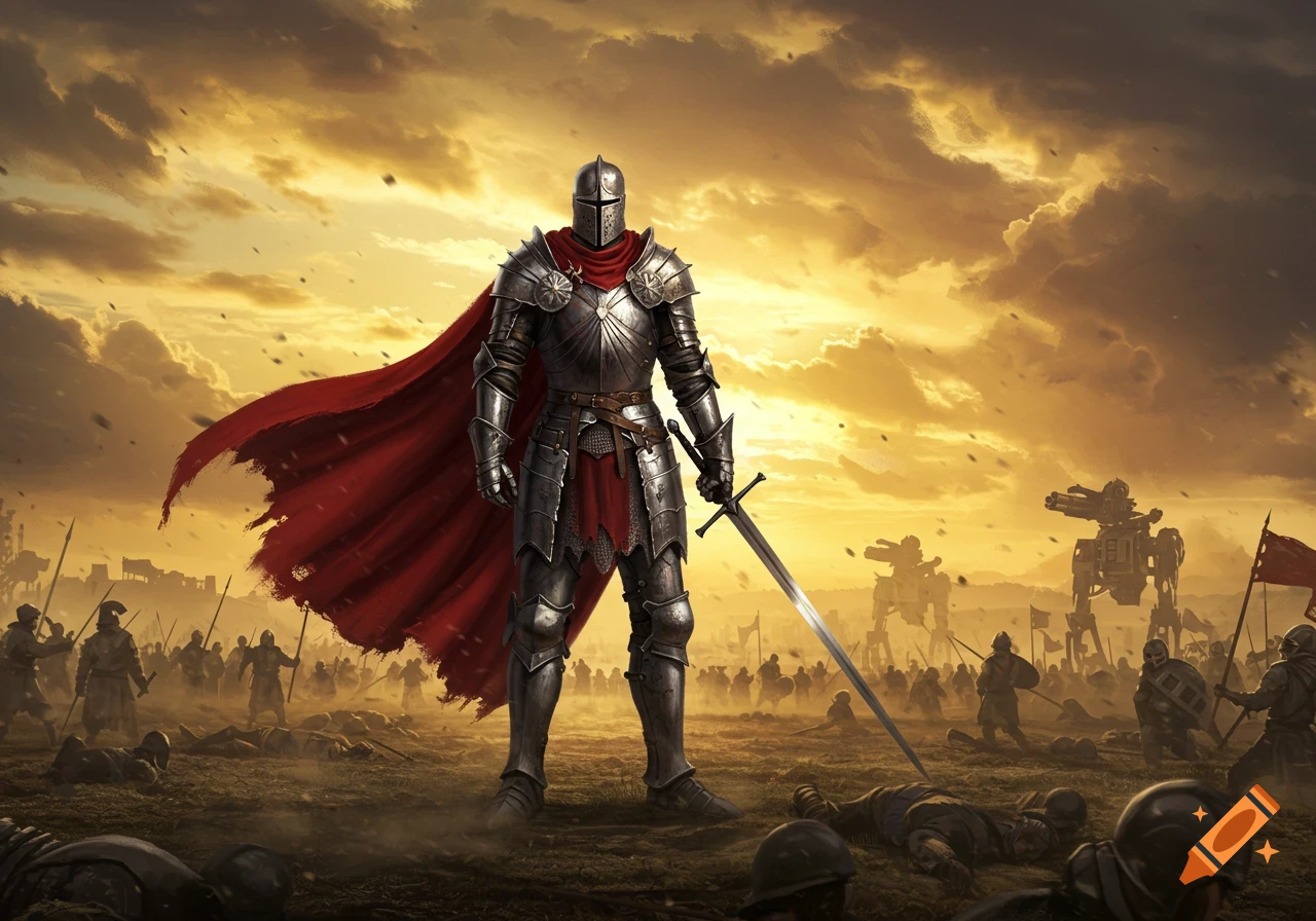A knight in shining armor with a red cape stands on a battlefield among fallen soldiers and distant futuristic war machines under a golden sky.