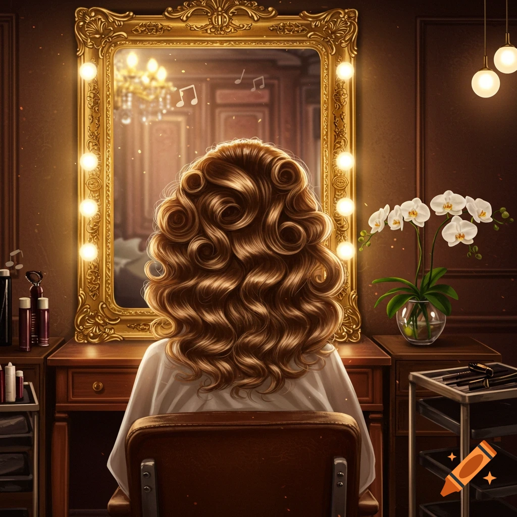 A person with long, curly brown hair sits in front of a glowing vanity mirror in a warm, illustrated dressing room.