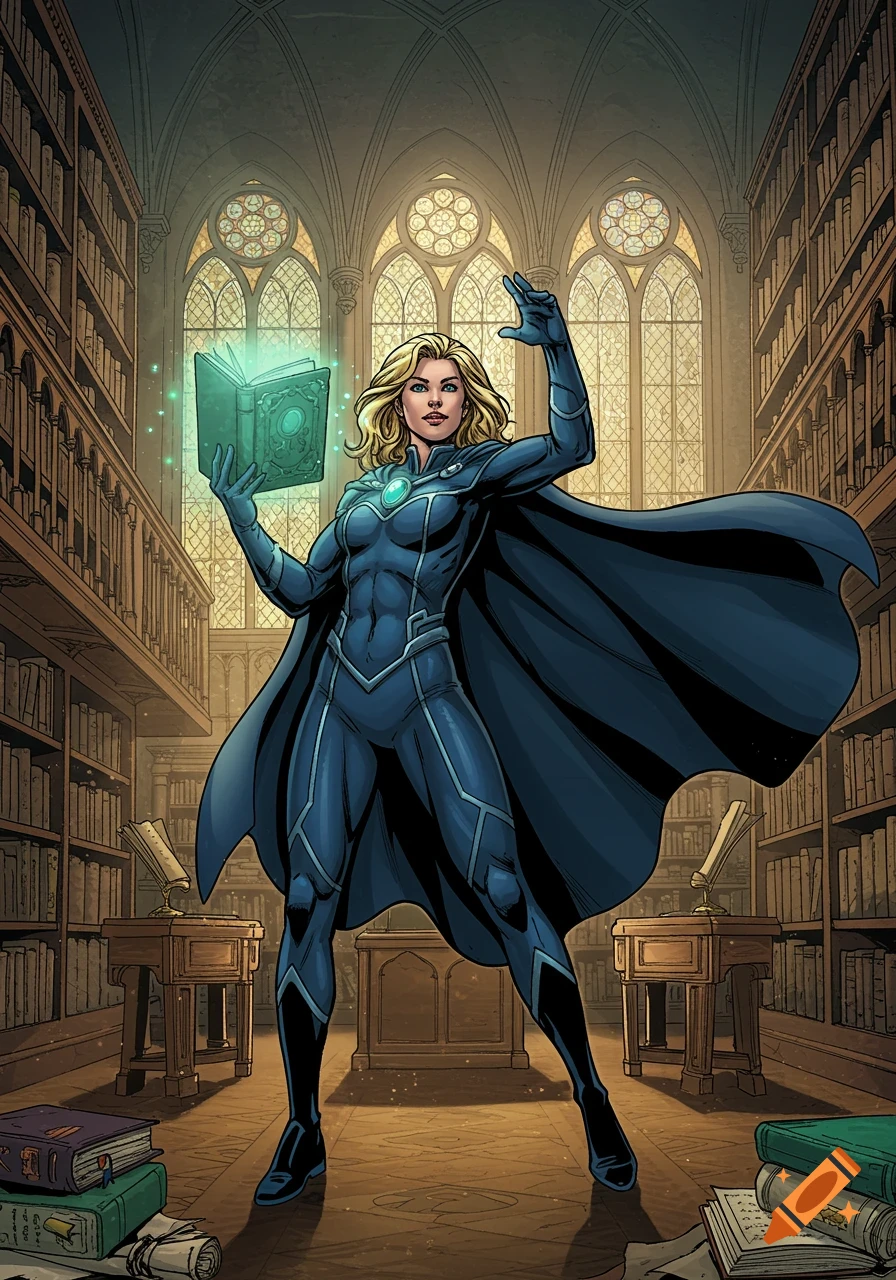 A female superhero in a blue suit and cape stands in a grand library, holding a glowing magical book, in a comic art style.