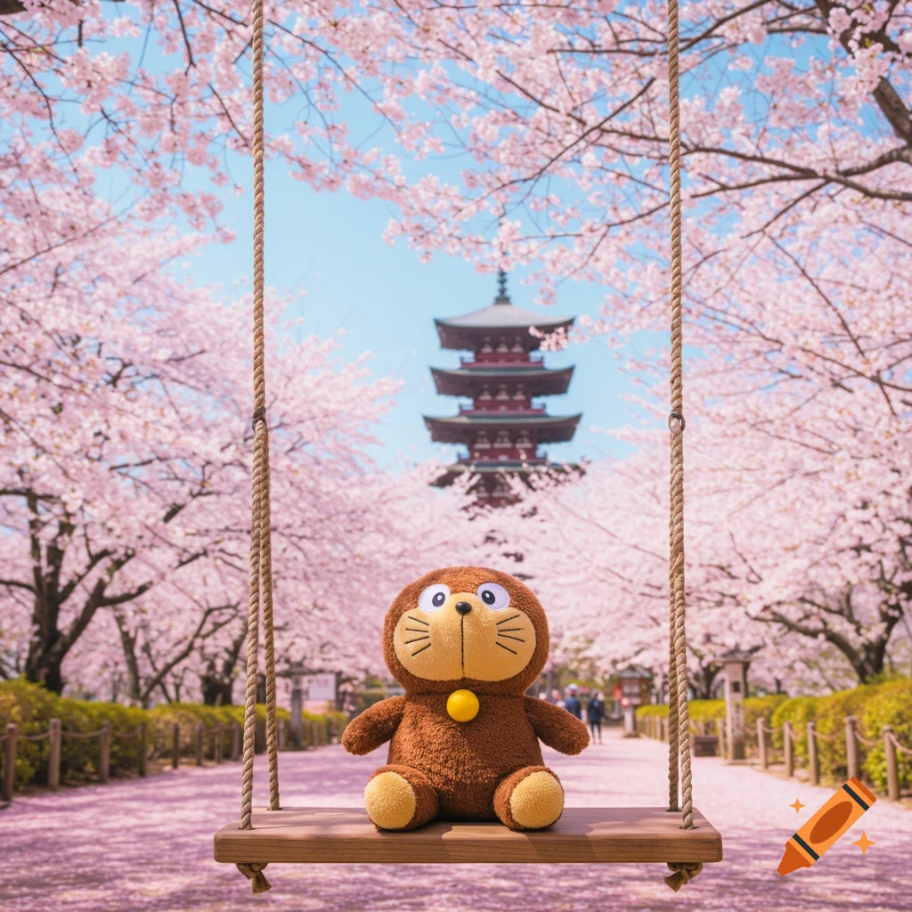 A photorealistic Domokun plush toy sits on a wooden swing surrounded by pink cherry blossoms and a Japanese pagoda in the background.