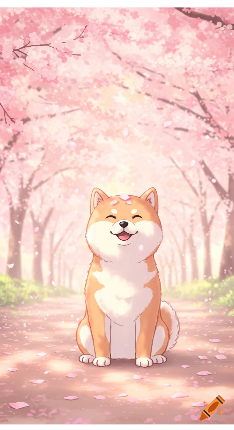 A smiling Shiba Inu puppy sits on a path covered in pink cherry blossom petals, under a soft pastel anime canopy of blooming trees.