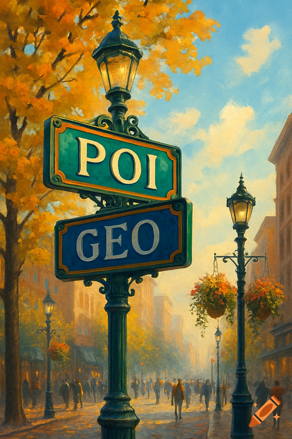 Painterly street scene in autumn with a prominent lamppost and signs reading POI and GEO, people walk in the background.