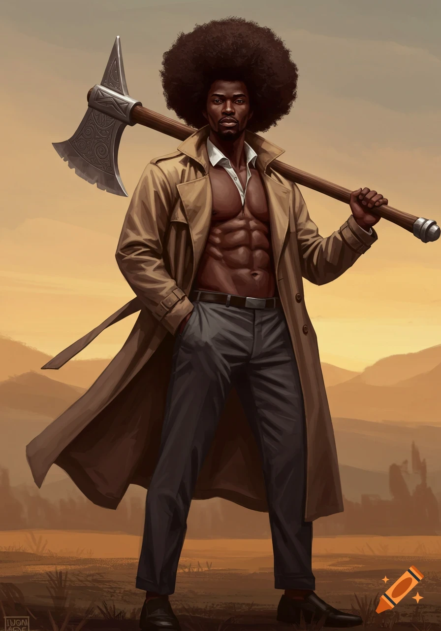 Muscular African man with an afro, open trench coat, and pants, holding a giant axe over his shoulder in a desert landscape. Digital painting.