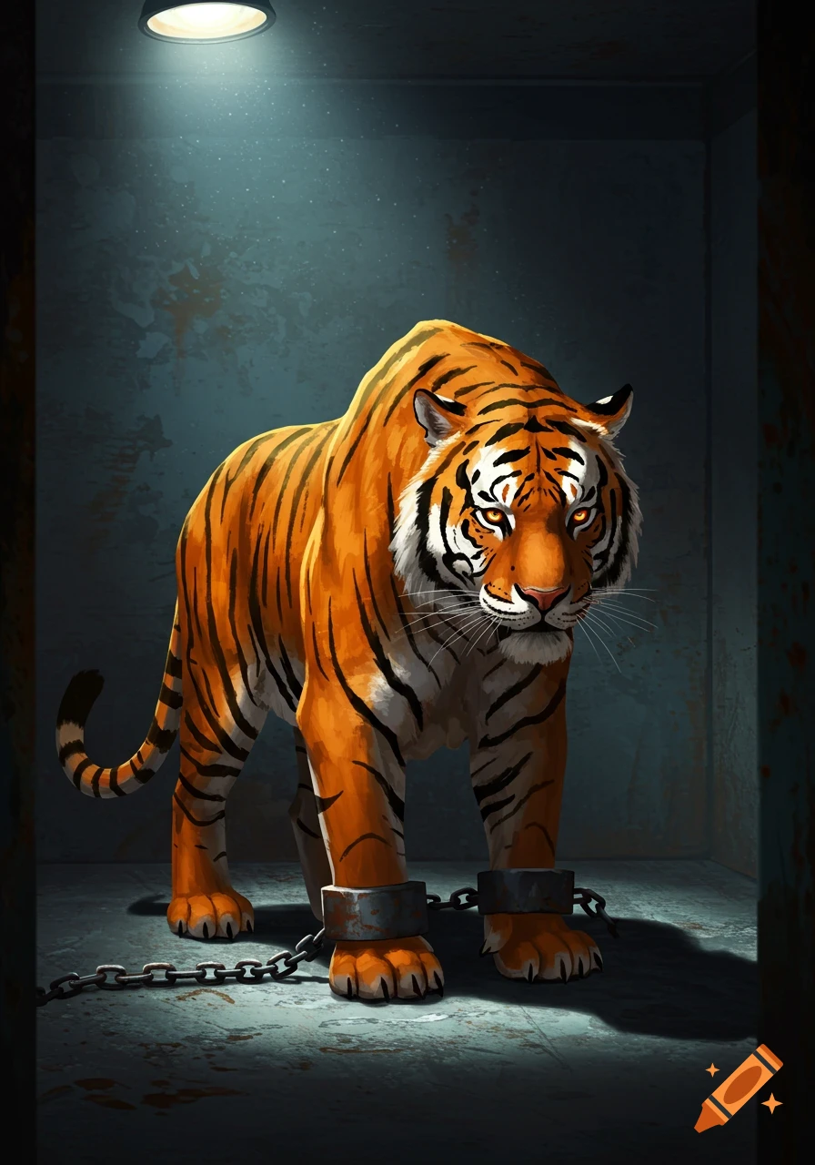 An illustrated tiger with glowing orange eyes stands chained in a dark, spotlighted cell.
