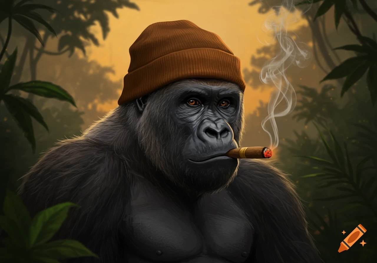 A digital art illustration of a gorilla wearing a brown beanie, smoking a lit cigar, against a blurry jungle background.