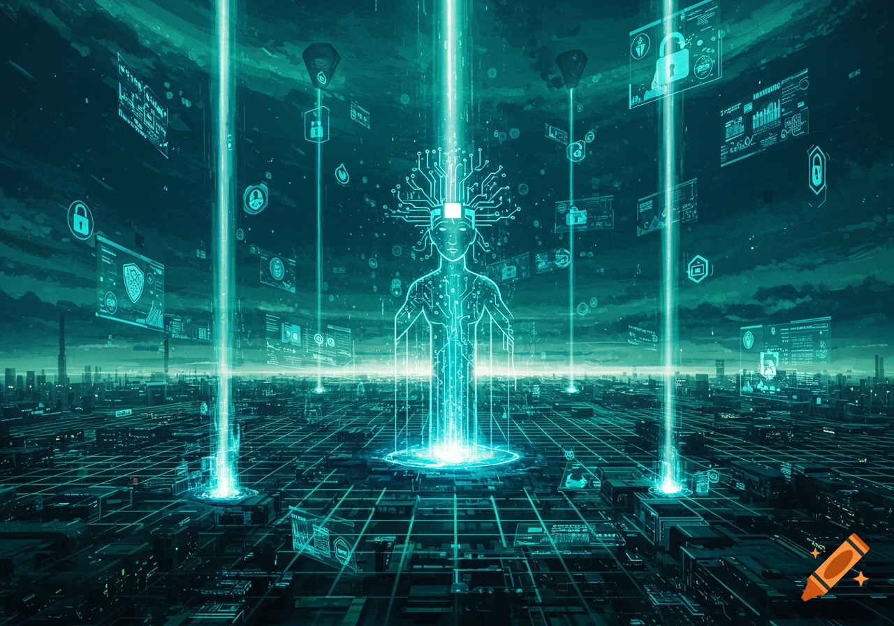 A glowing human-like figure made of circuits and light stands over a futuristic city grid, surrounded by floating holographic data screens in a digital art style.
