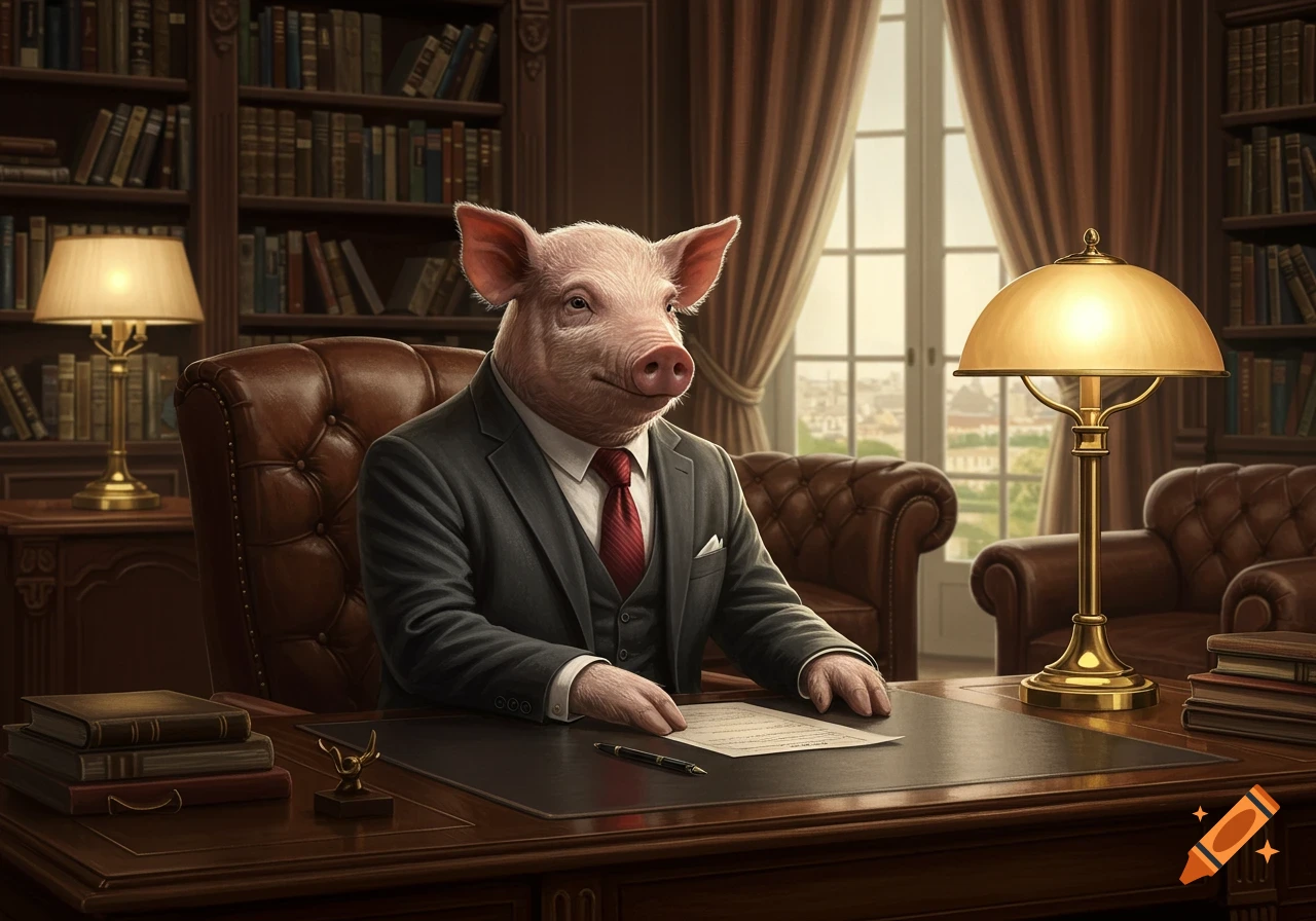 A photorealistic pig in a dark suit and red tie sits at a large wooden desk in a library office, smiling.