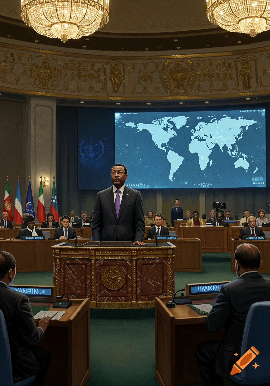 A man in a suit stands at a podium addressing a seated audience in a grand hall with two large chandeliers and a world map displayed on a screen behind him.