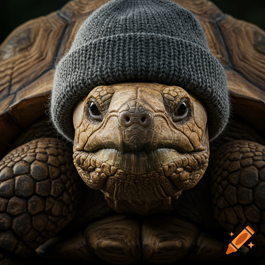 Realistic close-up of a tortoise wearing a grey woolen beanie.