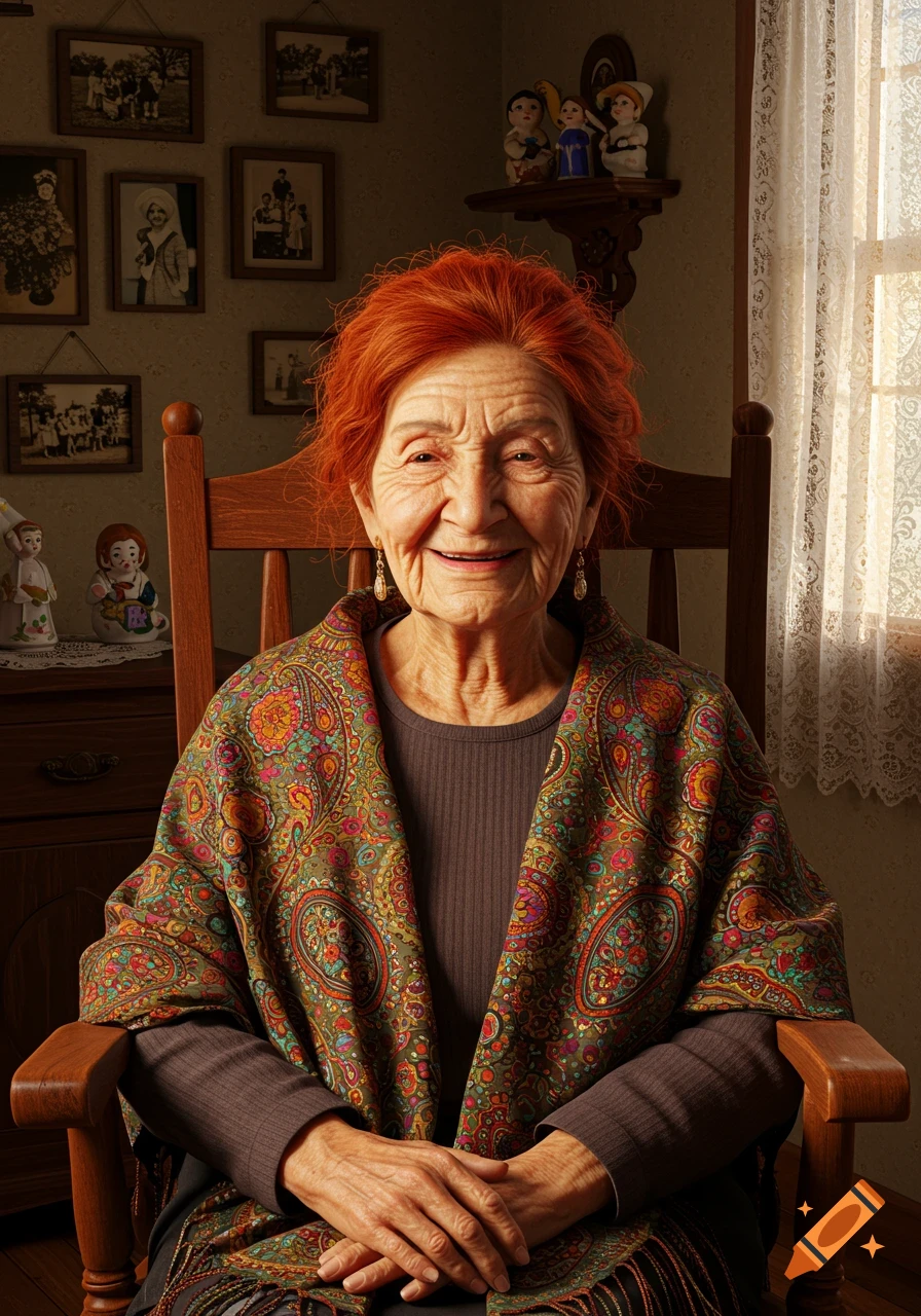 A smiling elderly woman with bright red hair sits in a wooden rocking chair, wearing a colorful patterned shawl. Photorealistic.