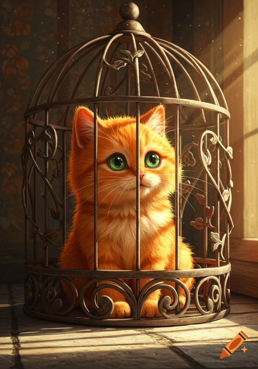 Fluffy orange cat with big green eyes sitting inside an ornate birdcage, bathed in warm sunlight.