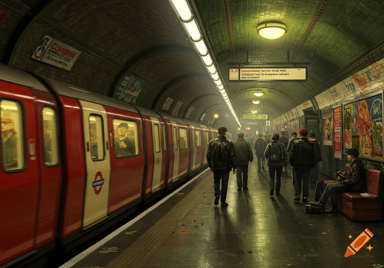 A bustling underground station platform with a red and white train stopped on the left and commuters walking.