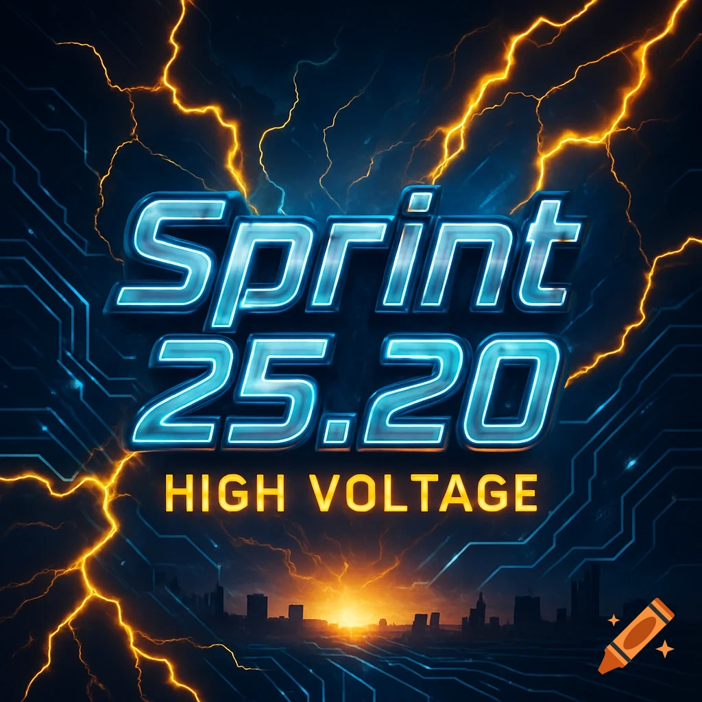 Glowing blue text 'Sprint 25.20' and yellow 'HIGH VOLTAGE' over a circuit board pattern with lightning and a city skyline.