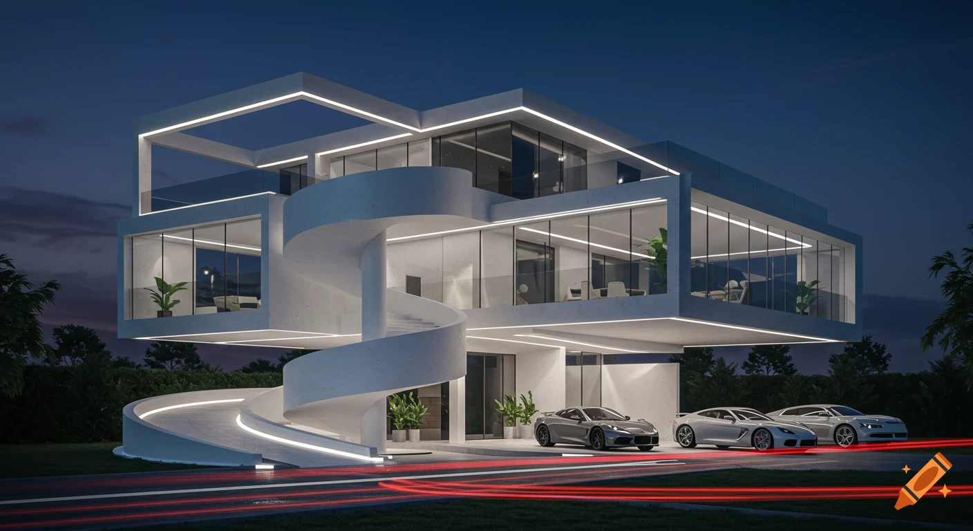 Photorealistic rendering of a modern, white concrete and glass villa with a spiral car ramp and LED lighting at night, with luxury cars parked outside and red light trails on the road.