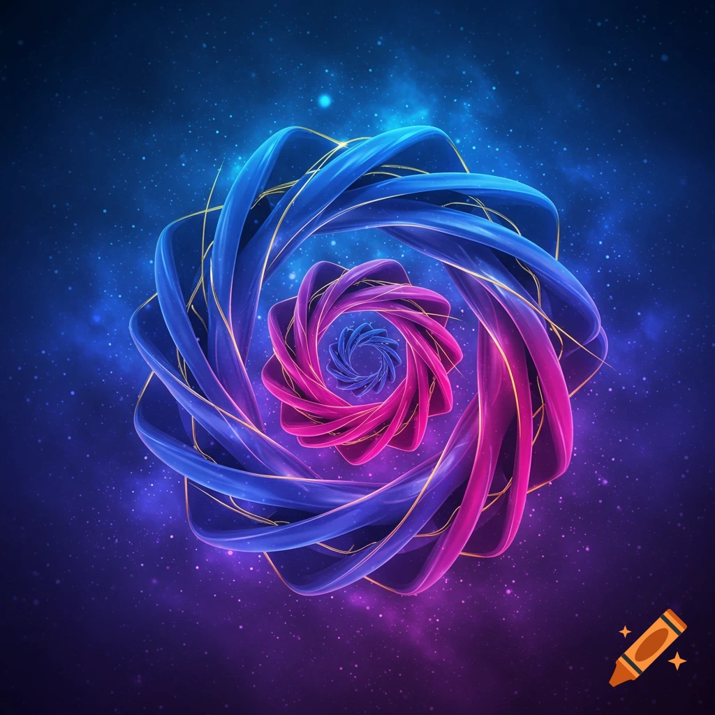 A vibrant abstract swirling symbol in blue and pink, with gold lines, against a starry blue and purple cosmic background.