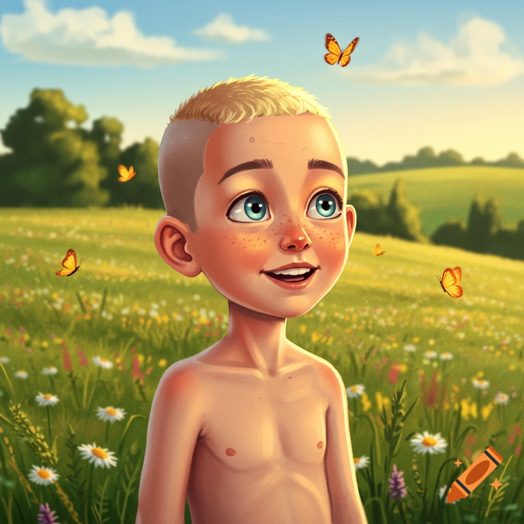 A smiling cartoon boy with a buzz cut looks up at butterflies in a vibrant green field under a blue sky.