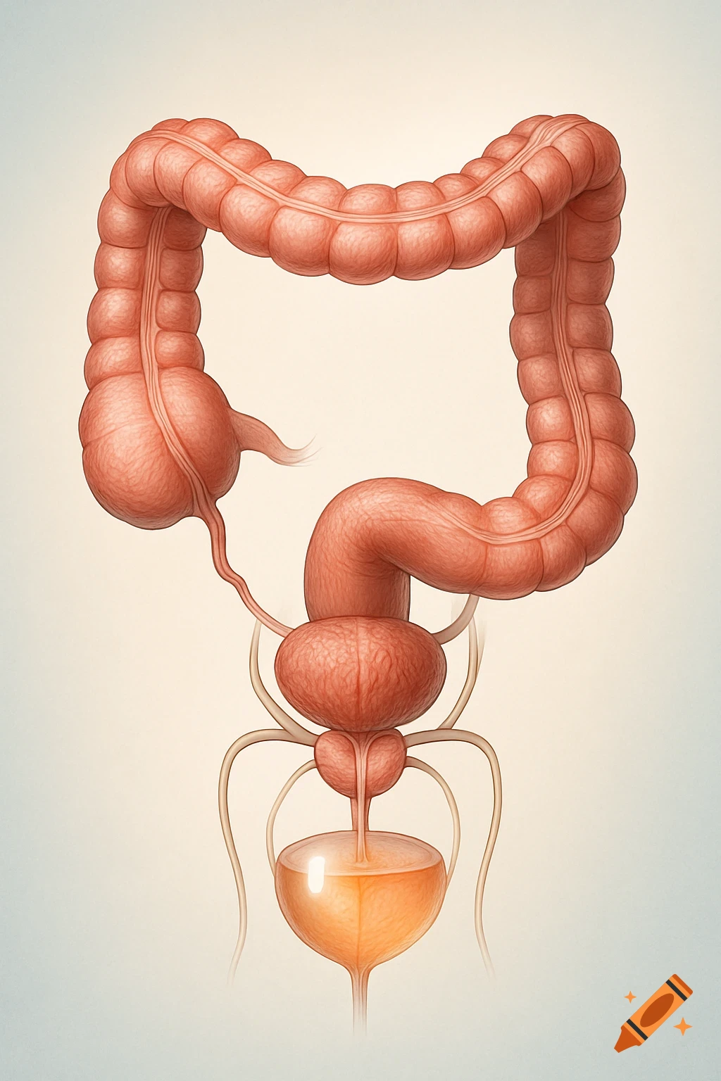 Anatomical illustration of the human large intestine (colon), prostate, and urinary bladder containing fluid.
