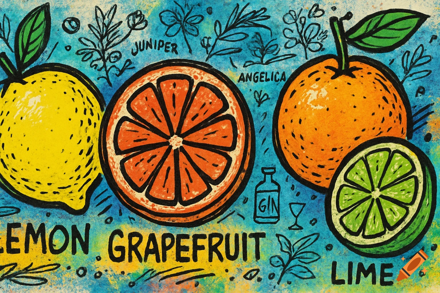 A colorful sketch-style illustration of citrus fruits and botanicals. A lemon, grapefruit slice, whole orange, and lime slice are visible alongside Juniper and Angelica labels. A small gin bottle and glass are also depicted.