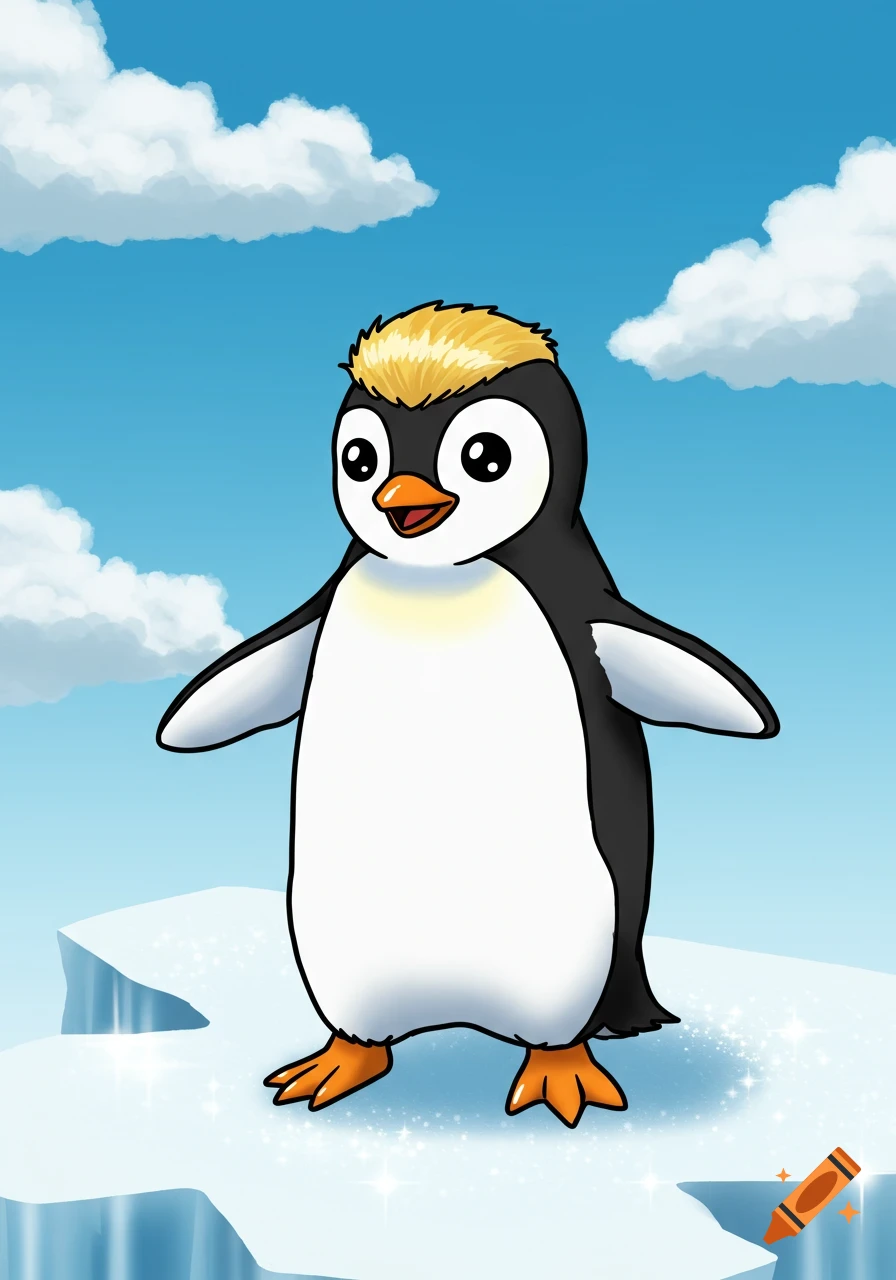 A cartoon penguin with a blond buzz cut stands on an icy platform under a blue sky with clouds.