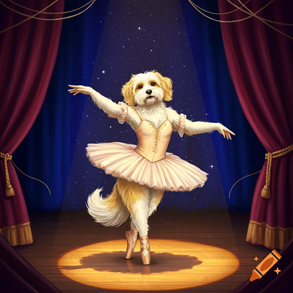 A fluffy white and tan dog ballerina in a tutu and pointe shoes performs on a stage under a spotlight.