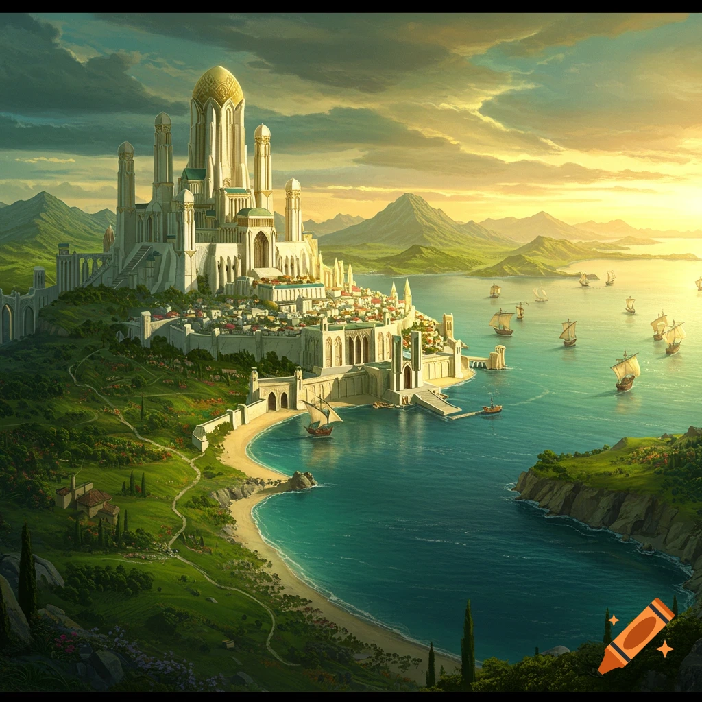 A grand, white domed city with towers built into green hills beside a turquoise sea, with many sailing ships and a golden sunset sky.