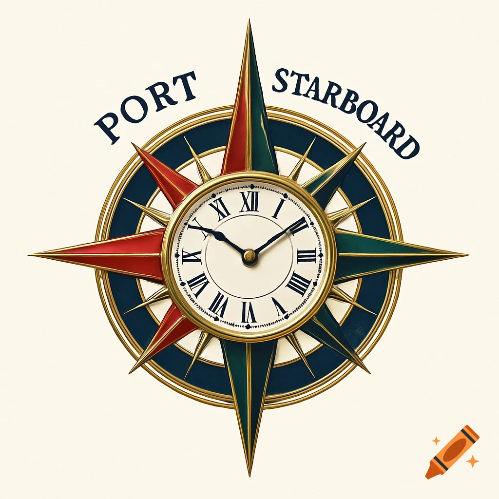 A nautical compass rose with a central clock face, split red (Port) and green (Starboard), with gold and navy details.
