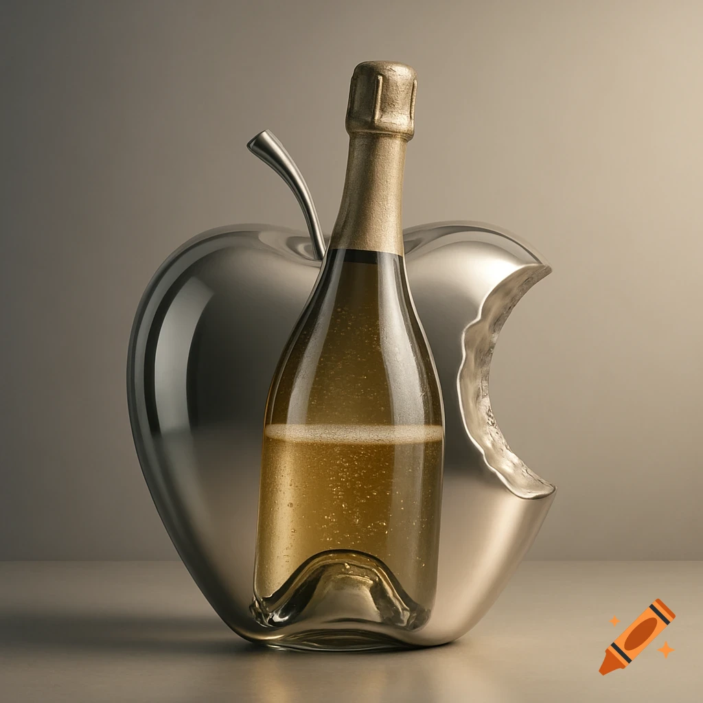 A photorealistic image of a champagne bottle with gold foil in front of a shiny silver apple with a bite taken out.