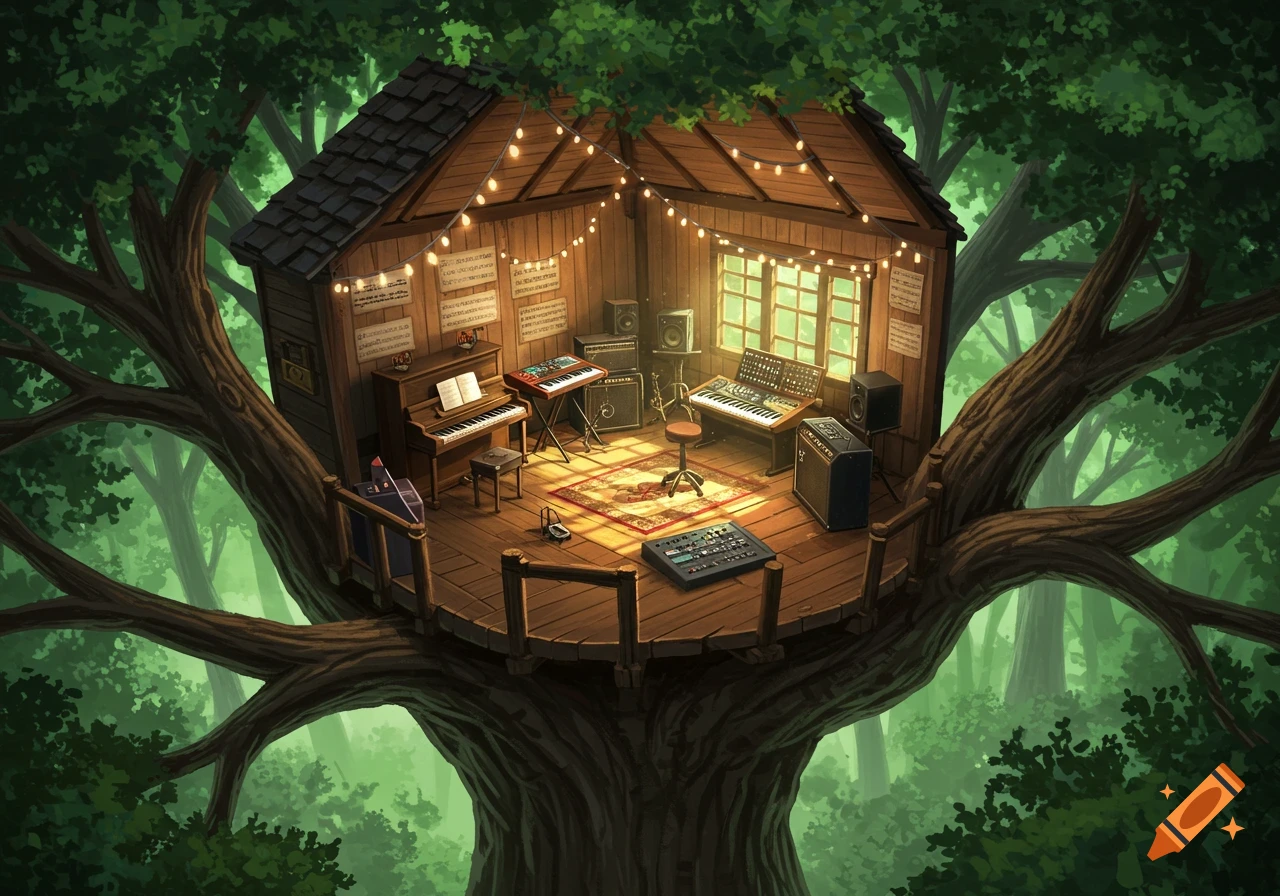 A cozy music studio with musical instruments and string lights inside a wooden treehouse, nestled in a lush green forest.