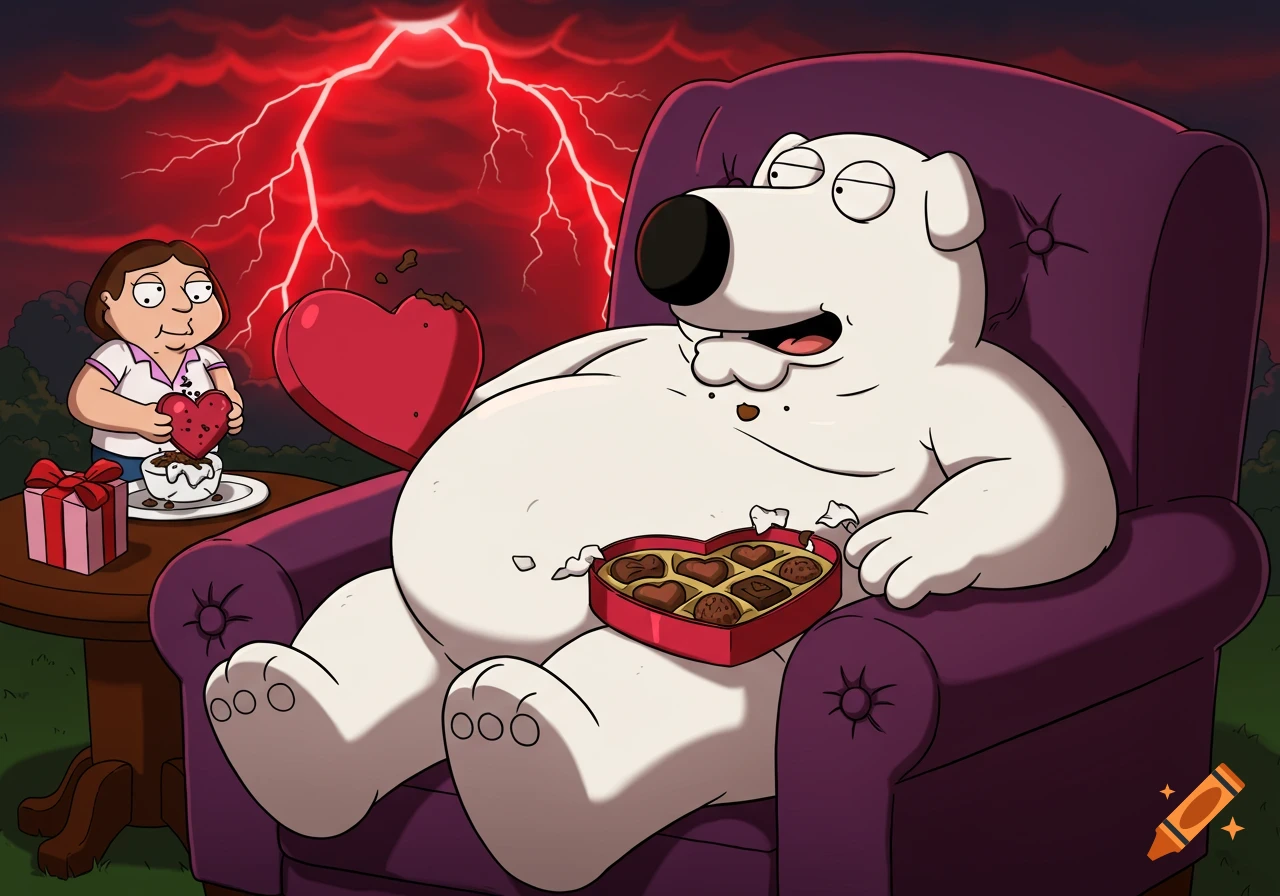 Obese Brian Griffin from Family Guy relaxes in a purple armchair, eating chocolates, with red lightning in the background.