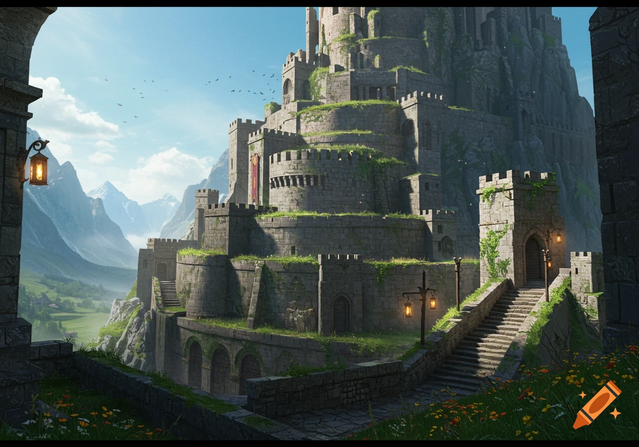 A grand medieval keep with multiple tiers built into a rocky mountainside, overlooking a green valley with distant snowy peaks under a blue sky.
