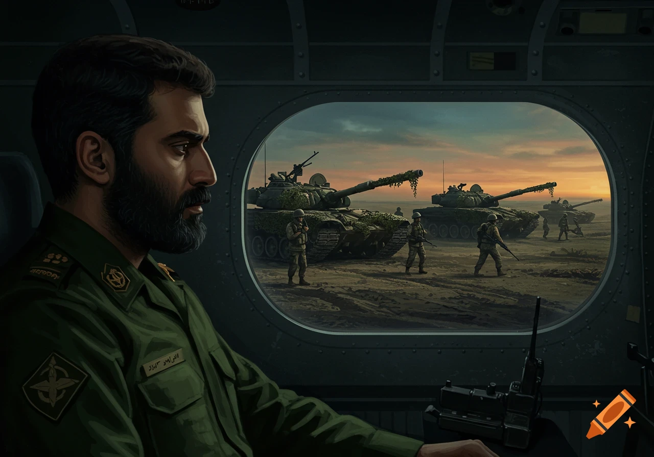 A bearded man in an Iranian military uniform looks out a plane window at tanks and soldiers on a desert plain at sunset. Digital art.