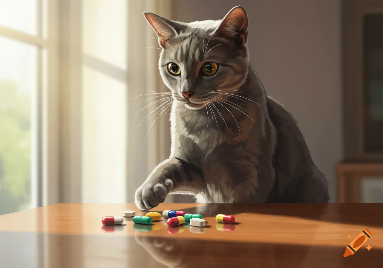 A grey cat with yellow eyes attentively looks at a scattering of colorful pills on a wooden table, in a sunlit room, digital art.