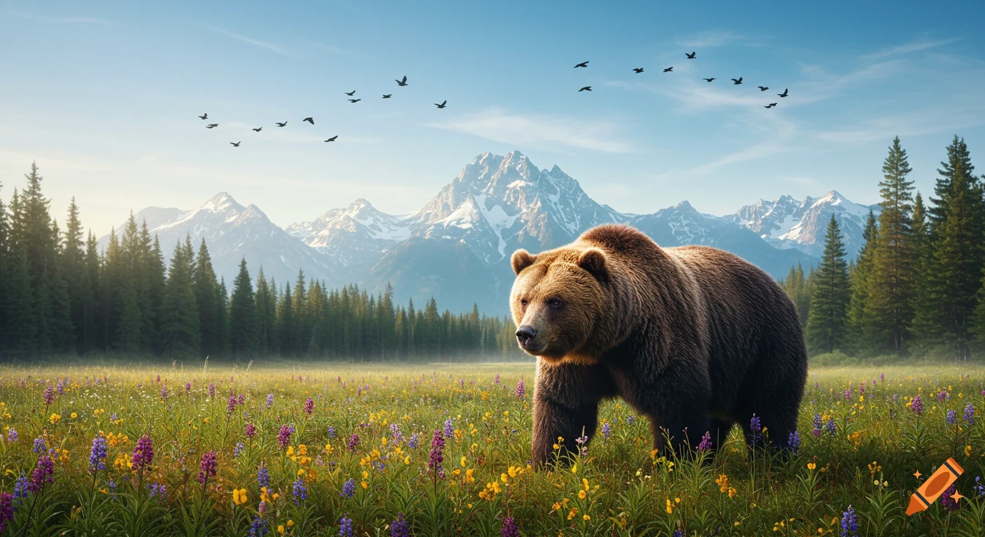 A realistic brown bear walks through a vibrant wildflower meadow with a forest, snow-capped mountains, and birds flying in a blue sky.