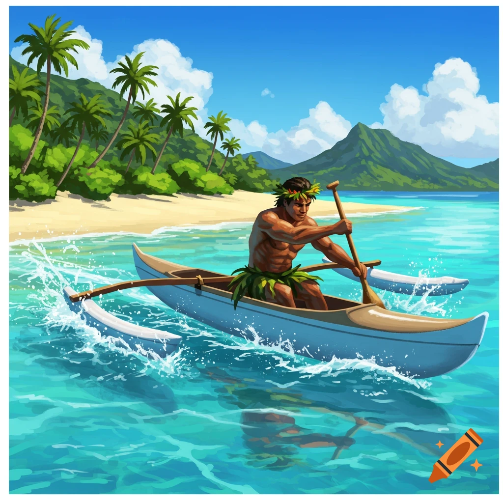 Muscular Tahitian man in leafy skirt paddling an outrigger canoe on turquoise water near a sandy beach with palm trees.