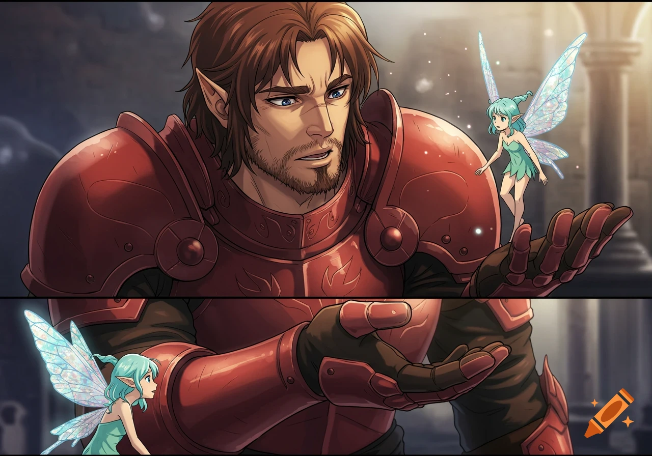 Anime comic panels of a man in red armor holding a small blue-haired fairy, both looking surprised.