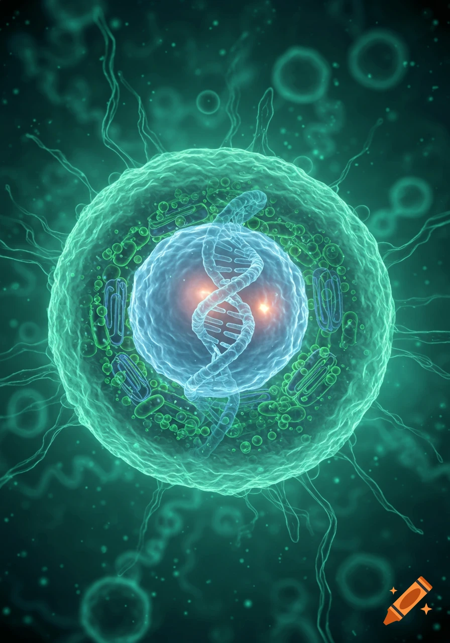 A glowing blue nucleus with a double helix DNA strand inside a green cell, surrounded by other cellular structures.