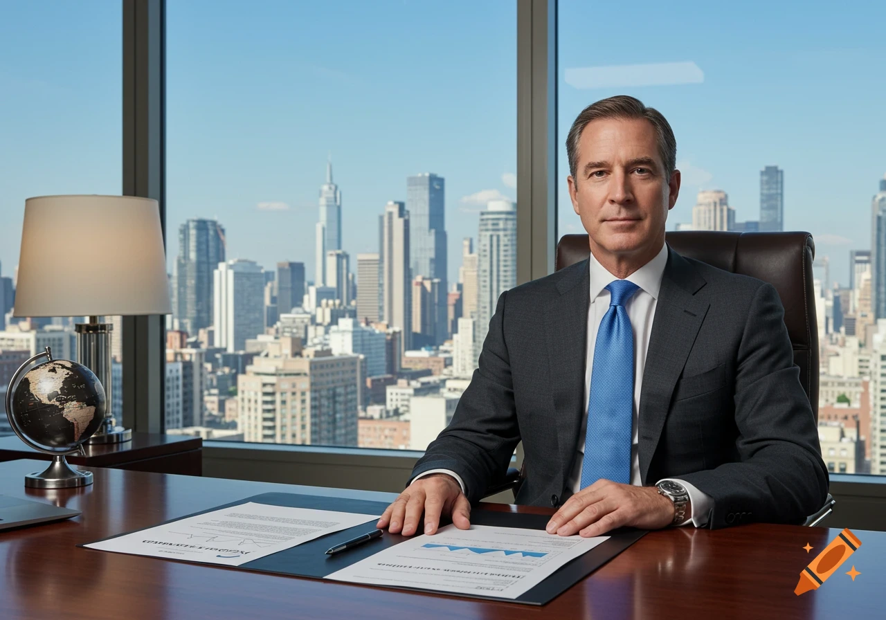 A businessman in a suit sits at a desk with documents, a globe, and a lamp, overlooking a city skyline.