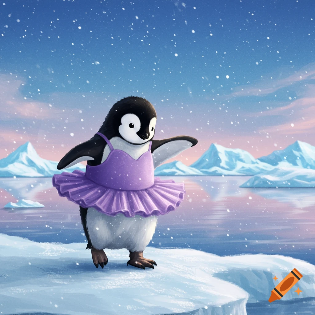 An adorable illustrated penguin in a purple tutu dances on an ice floe in a snowy arctic landscape under a sunset sky.