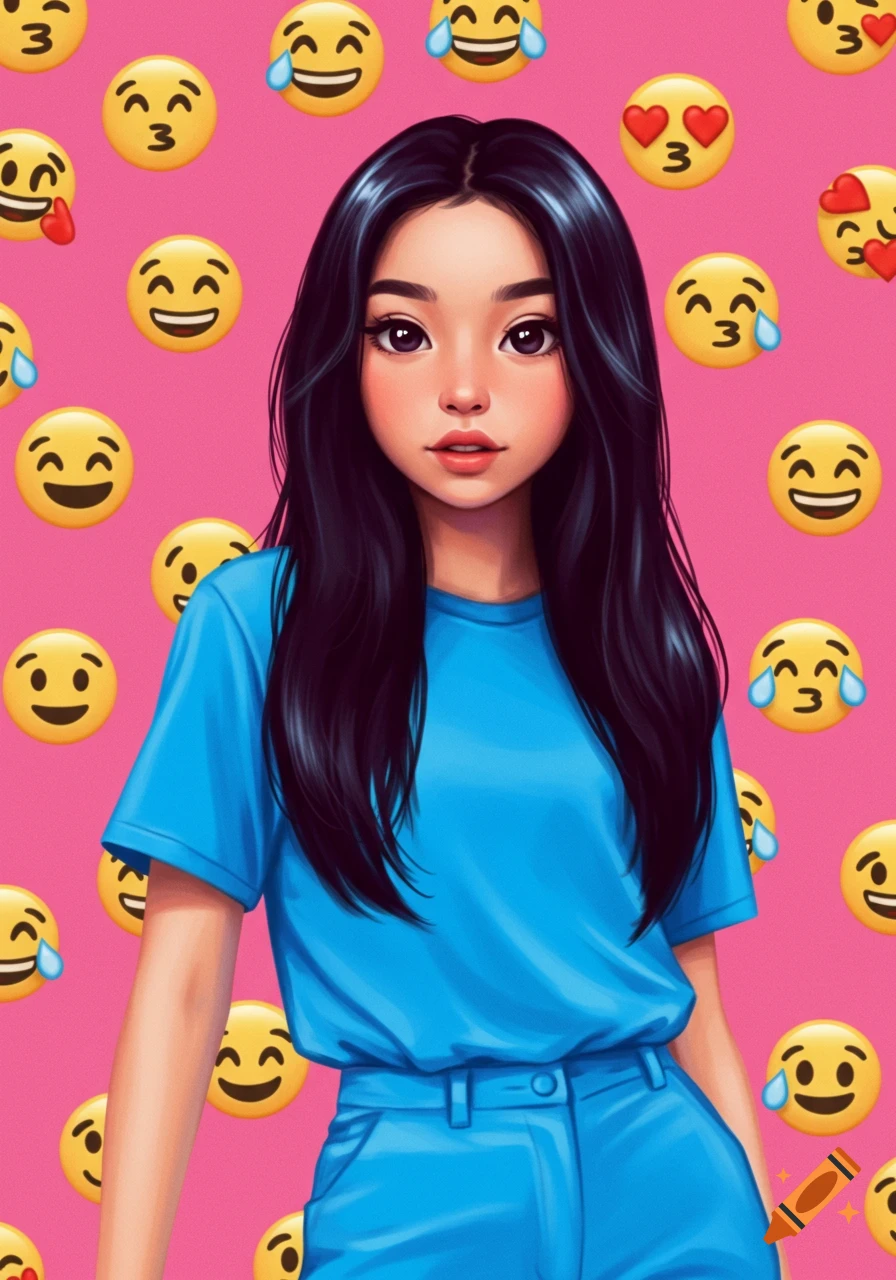 A digital art illustration of a young woman with long black hair, wearing a blue t-shirt and pants, against a pink background covered in various emojis.