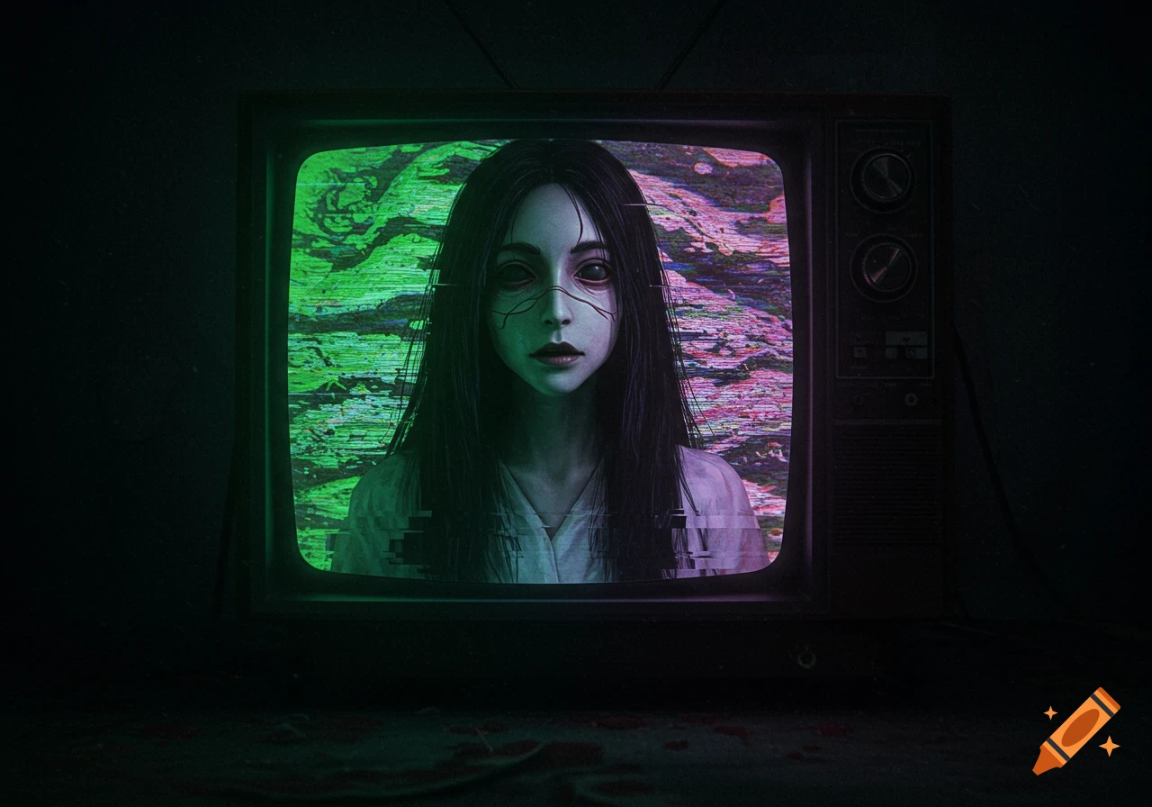A pale woman with long dark hair and dark, cracked eyes stares intensely from a static, glitching TV screen with green and pink distortions.