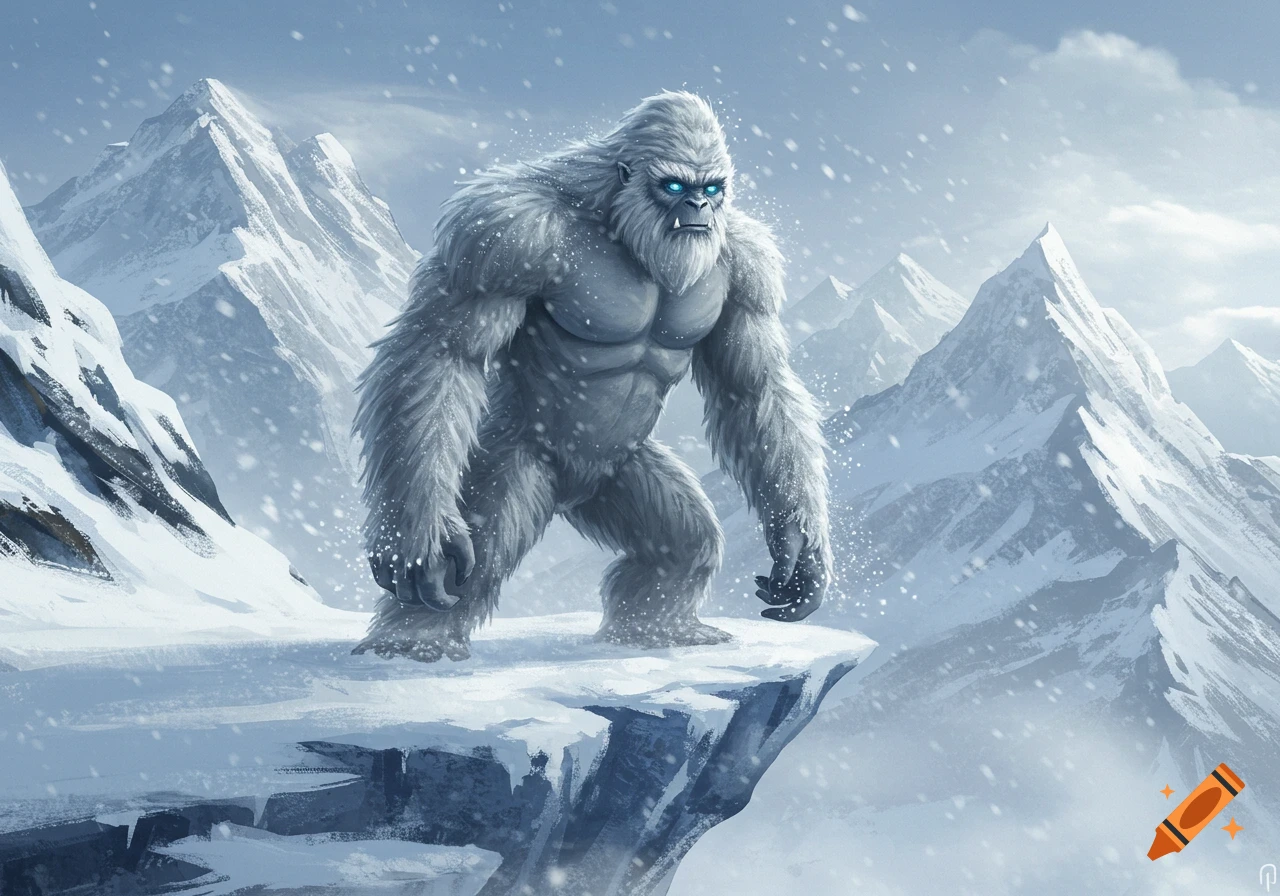 A majestic, white-furred yeti with glowing blue eyes stands on a snowy cliff during a blizzard in a mountain range, digital art.