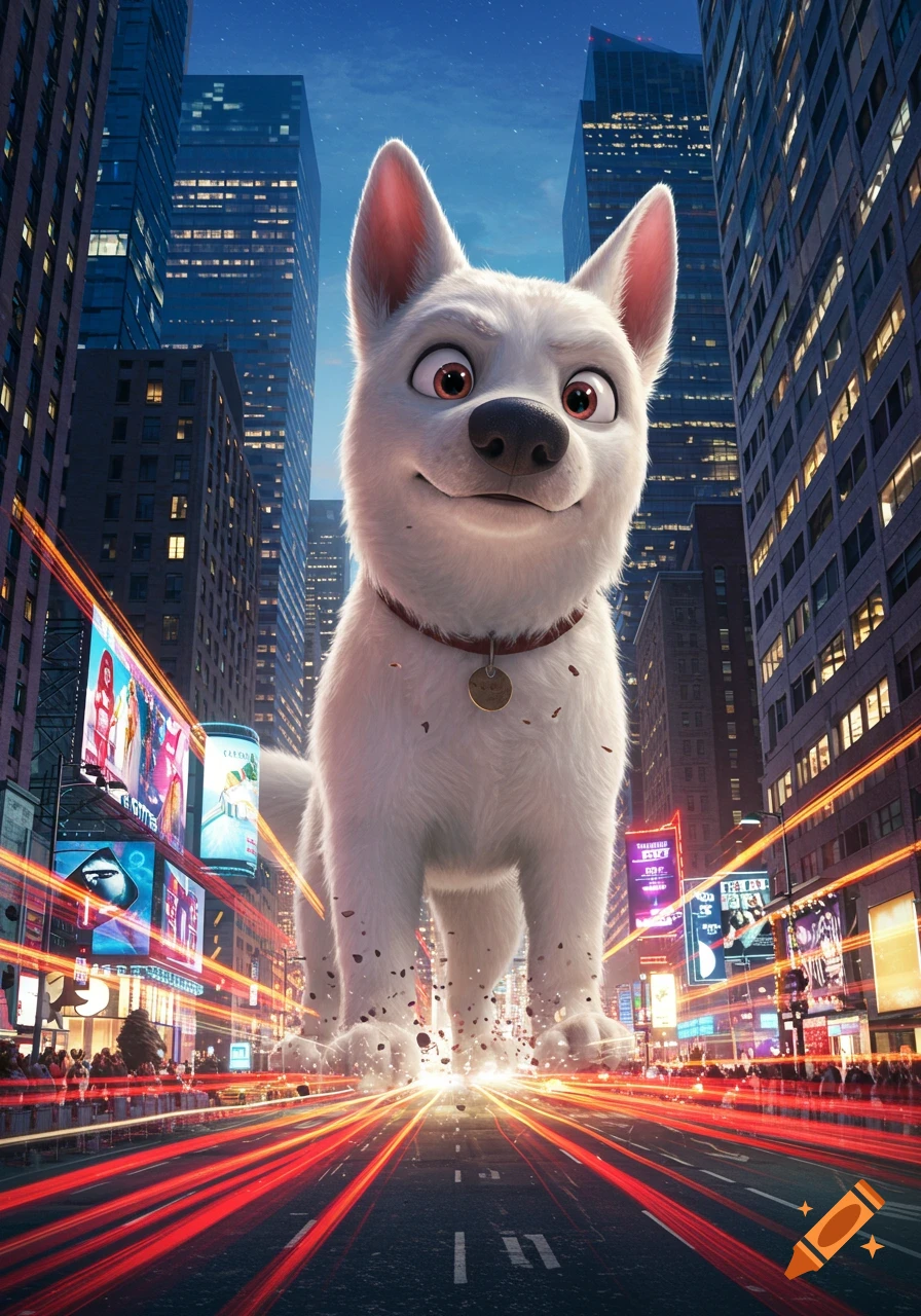 A giant white cartoon dog (Bolt) smiles in a bustling city street at night, with skyscrapers and red light trails.