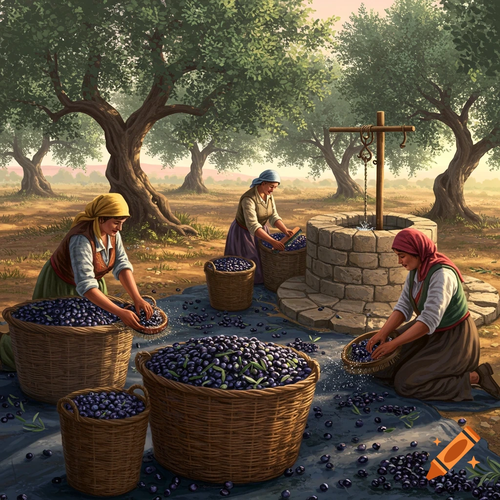 Three women clean and collect freshly harvested olives into large woven baskets in a sunlit olive grove with a stone well.